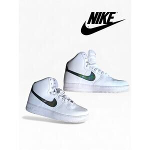 EUC Nike Air Force 1 High Iridescent Swoosh White Leather Sneakers Size 12
